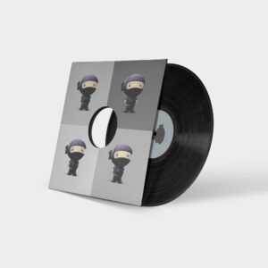 A black lp with a picture of a ninja on it.