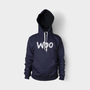 A hoodie with the word wow on it.