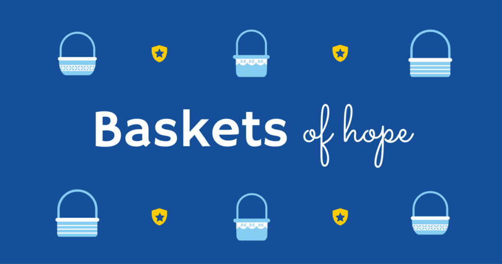 A blue background with yellow flowers and baskets.