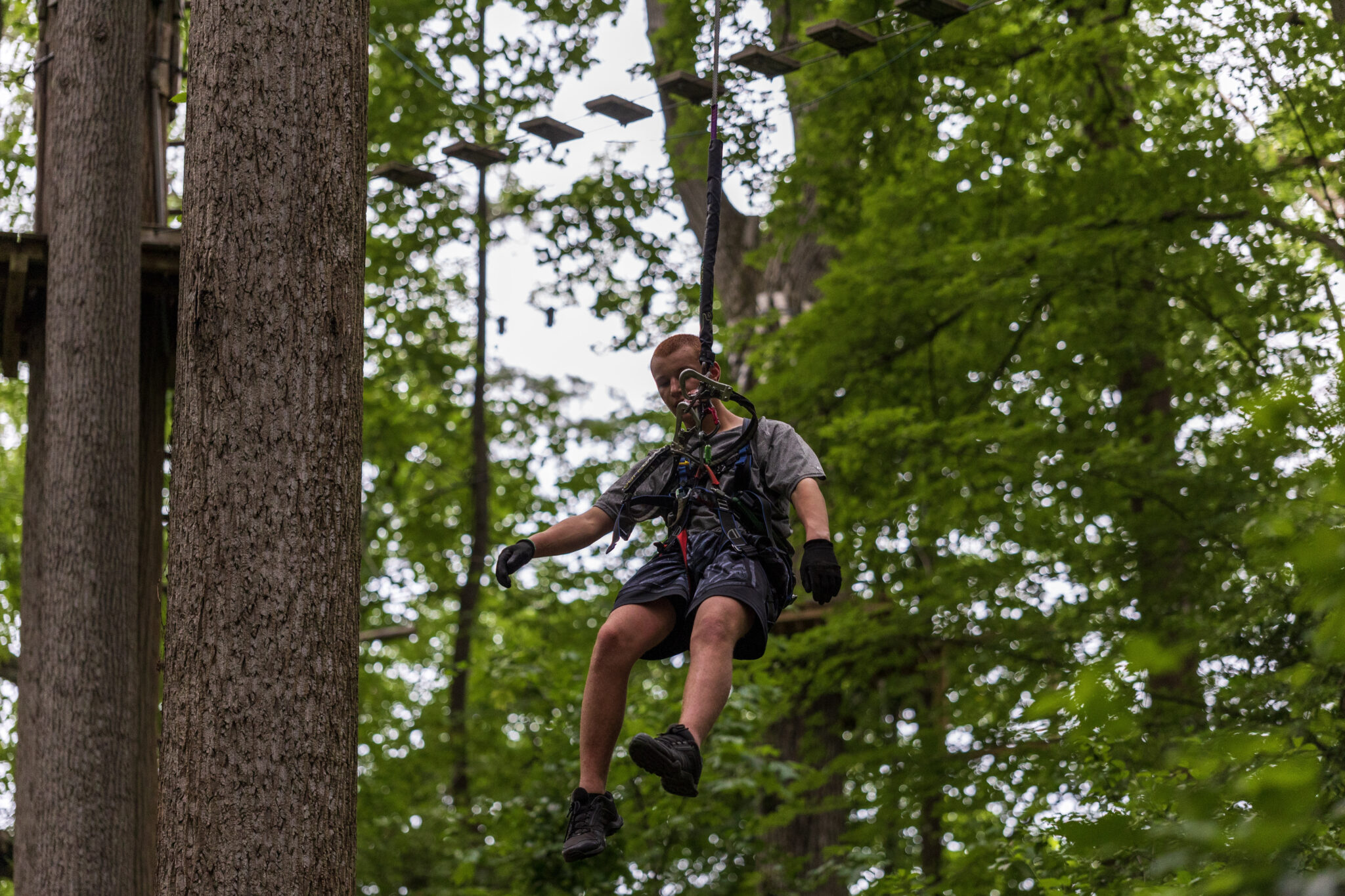 A man on a zip line in the woods participates in the P.L.E.D.G.E. Leadership Program.
