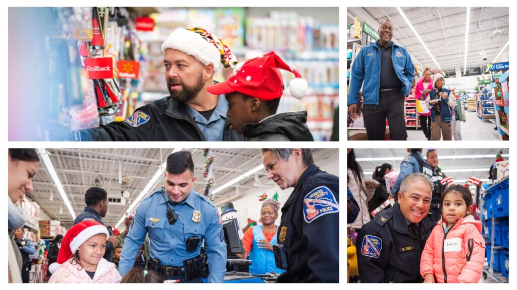 Police officers interacting with shoppers in a store during the holidays.