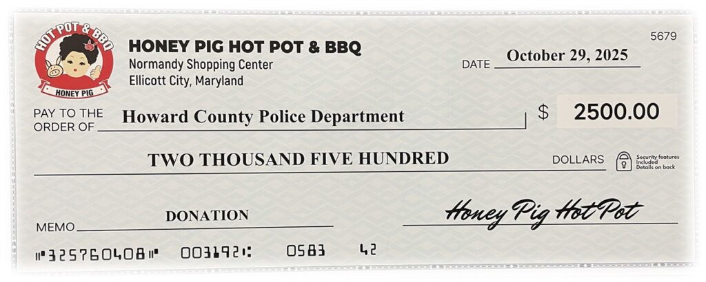 Check from Big Hot Pot & BBQ to County Police Department for $1,500.