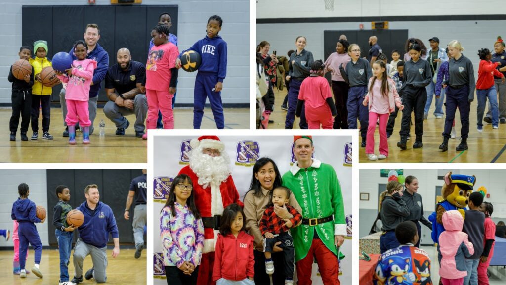 Children and adults enjoying a festive holiday event with Santa and an elf.
